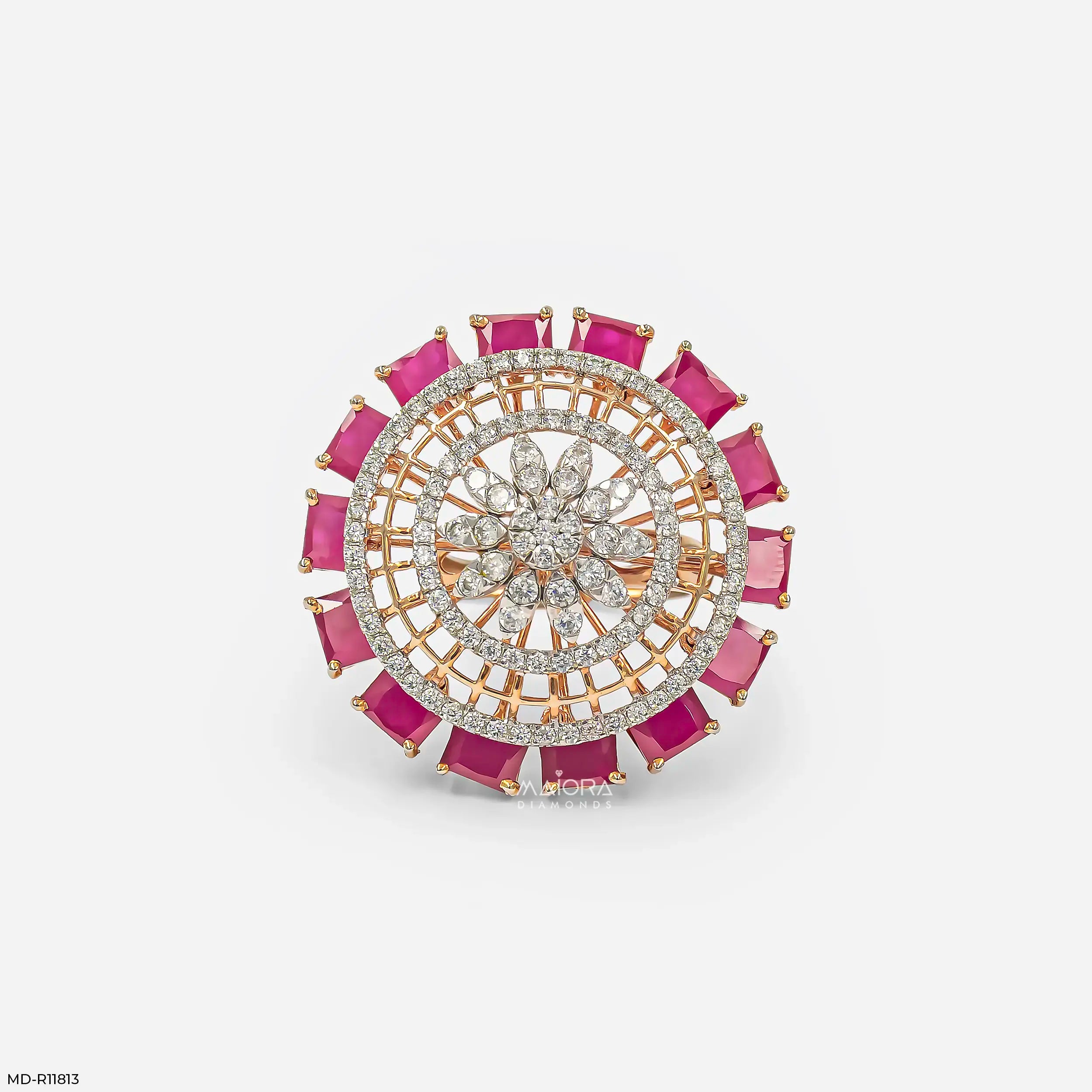 Halo Ruby Border Diamond Cocktail Ring 9K Yellow Gold