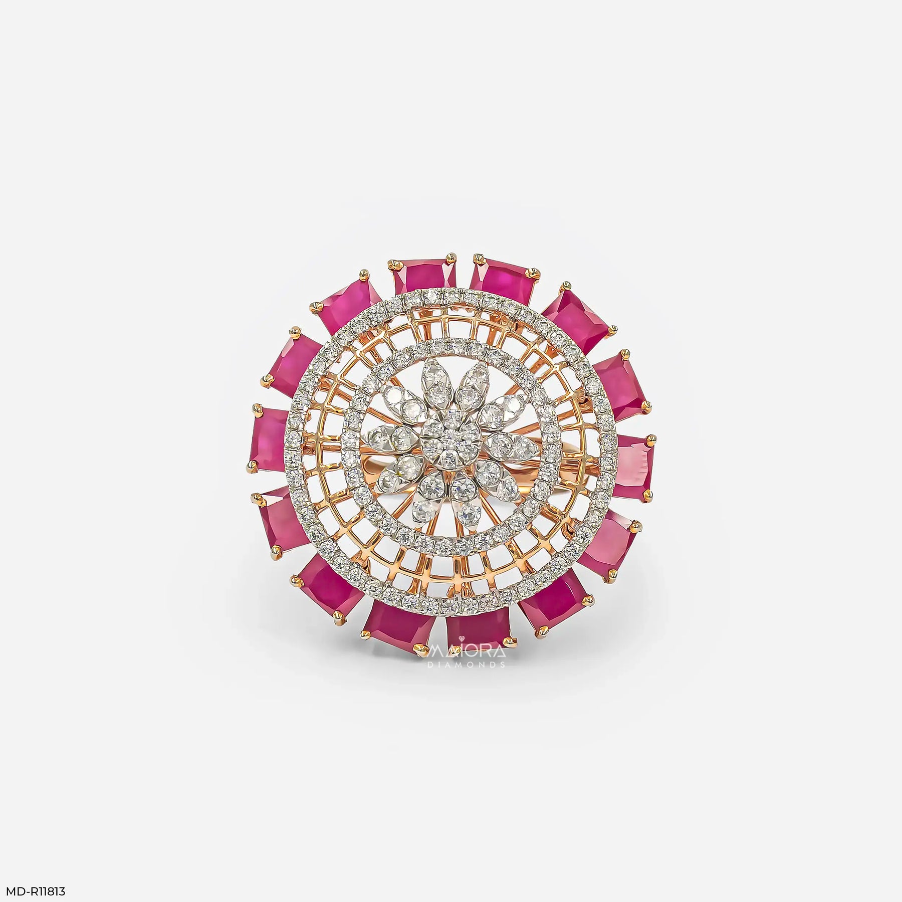 Halo Ruby Border Diamond Cocktail Ring Platinum 950