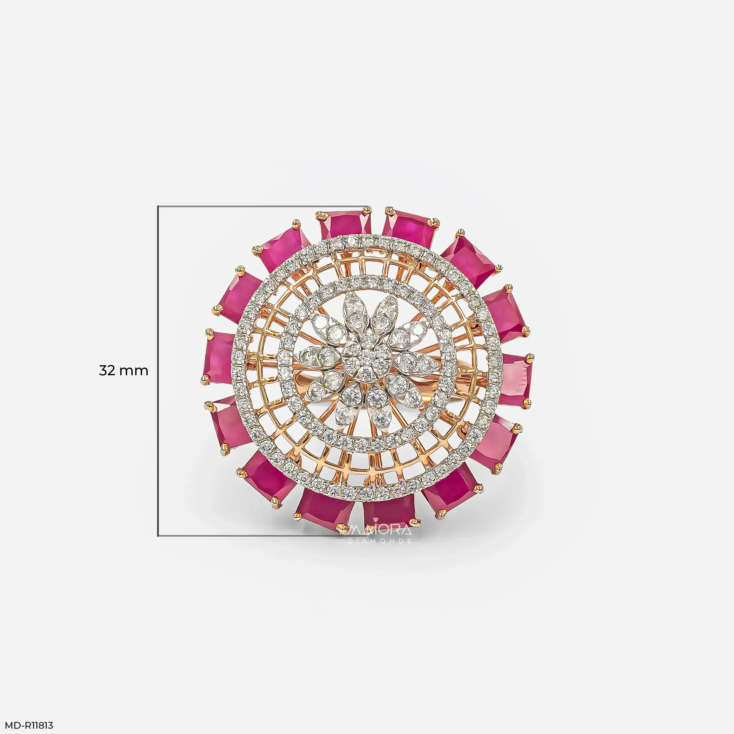 Halo Ruby Border Diamond Cocktail Ring 18K White Gold