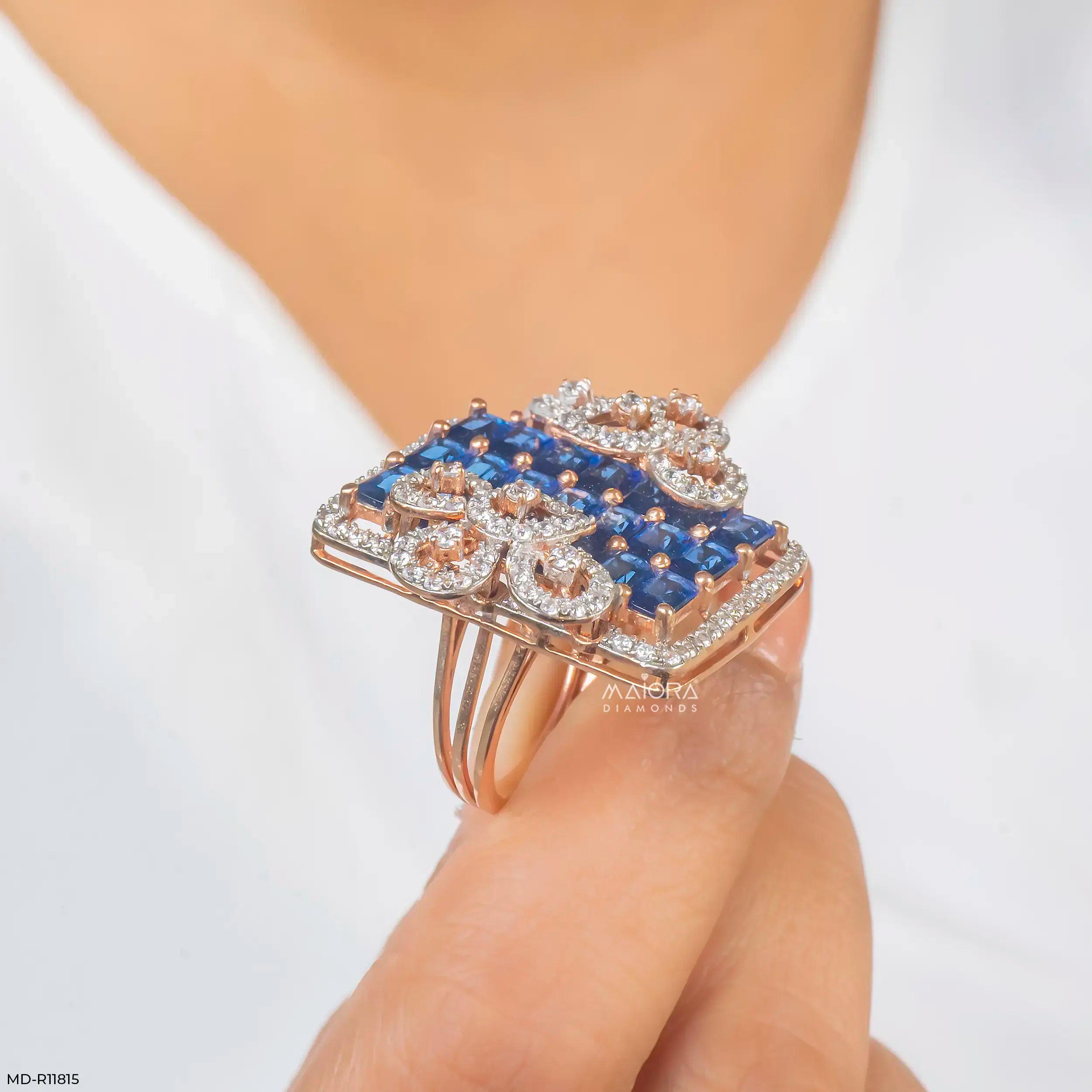 Blue Sapphire Grid Petal Diamond Cocktail Ring