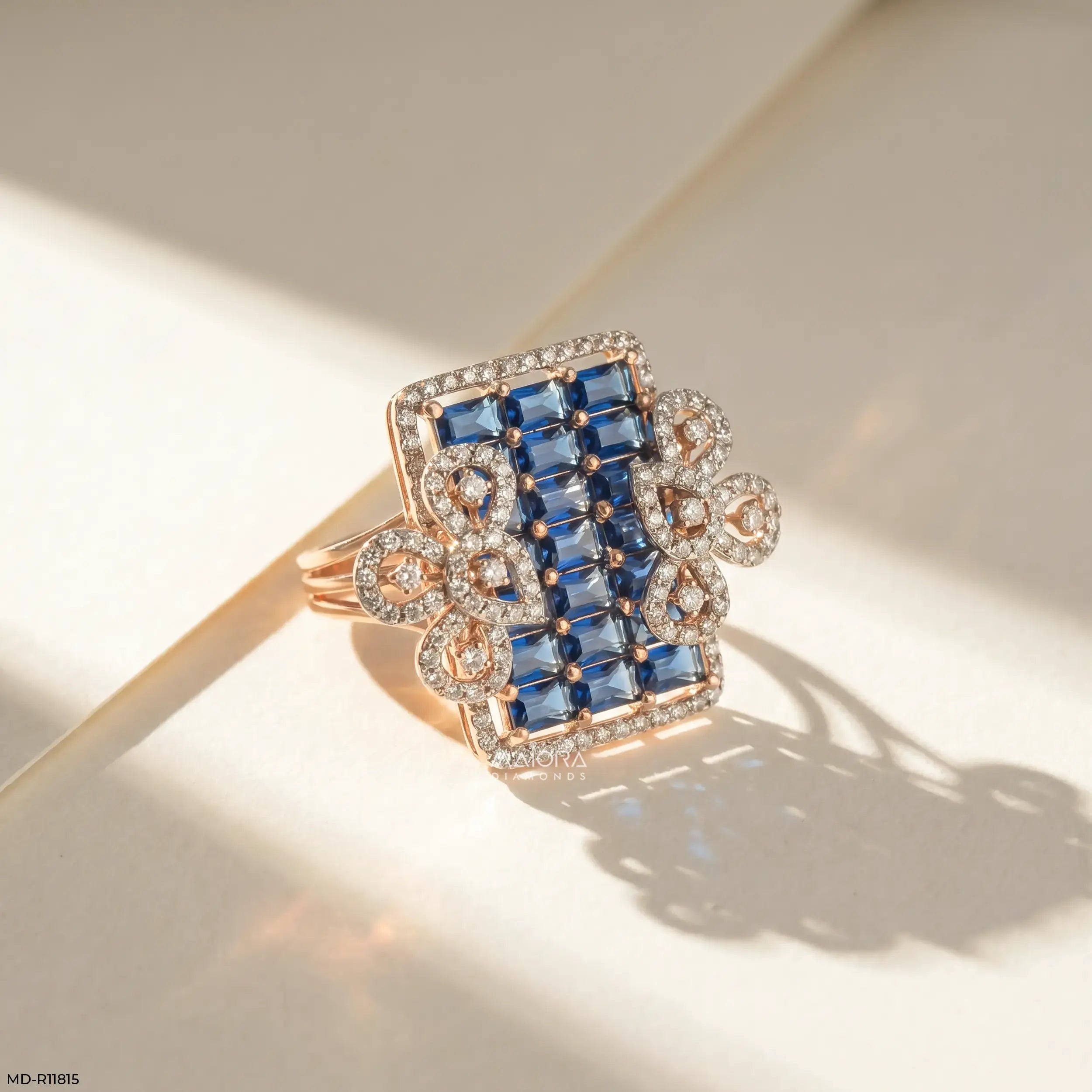 Blue Sapphire Grid Petal Diamond Cocktail Ring 14K White Gold