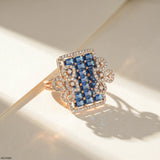 Blue Sapphire Grid Petal Diamond Cocktail Ring Platinum 950