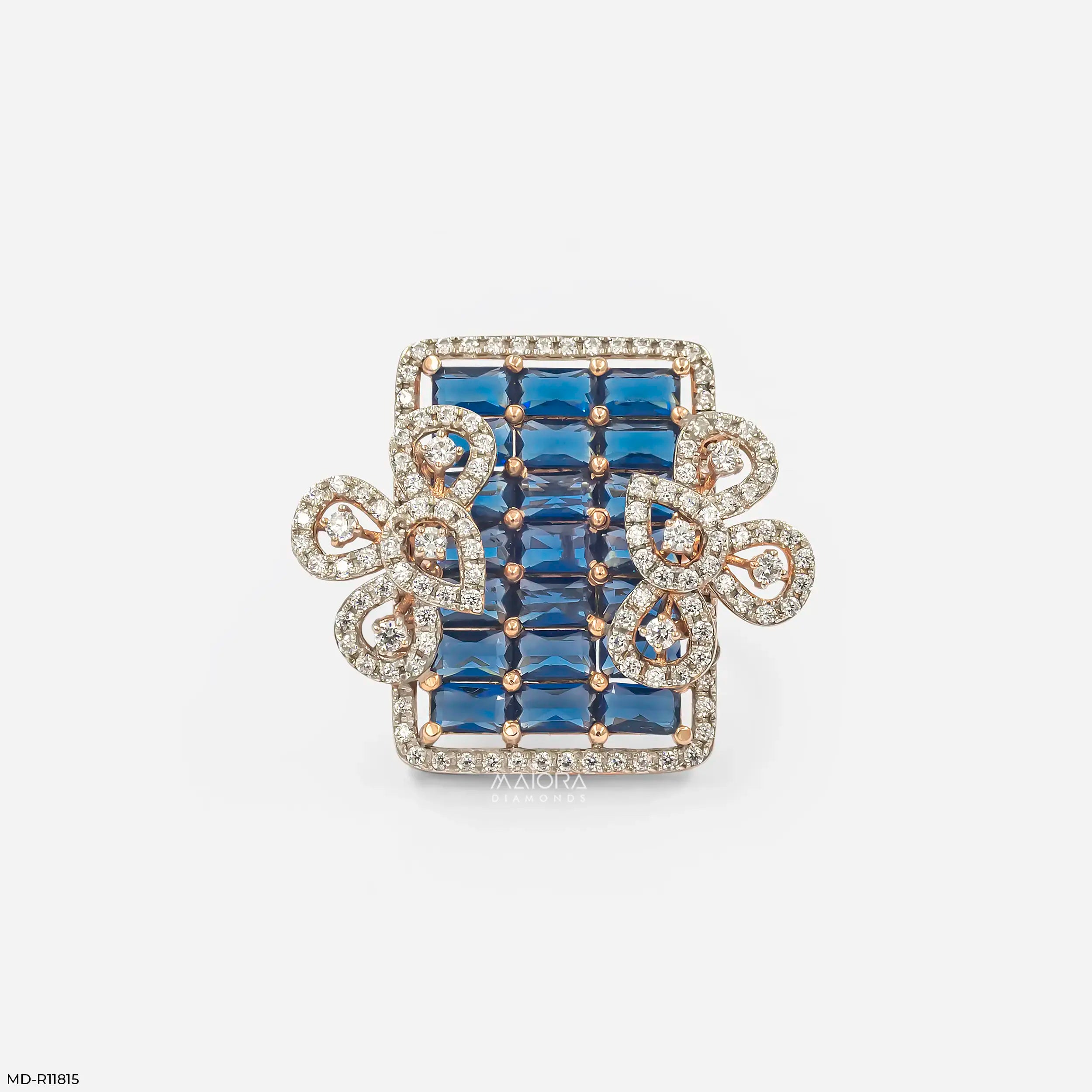 Blue Sapphire Grid Petal Diamond Cocktail Ring 9K Yellow Gold