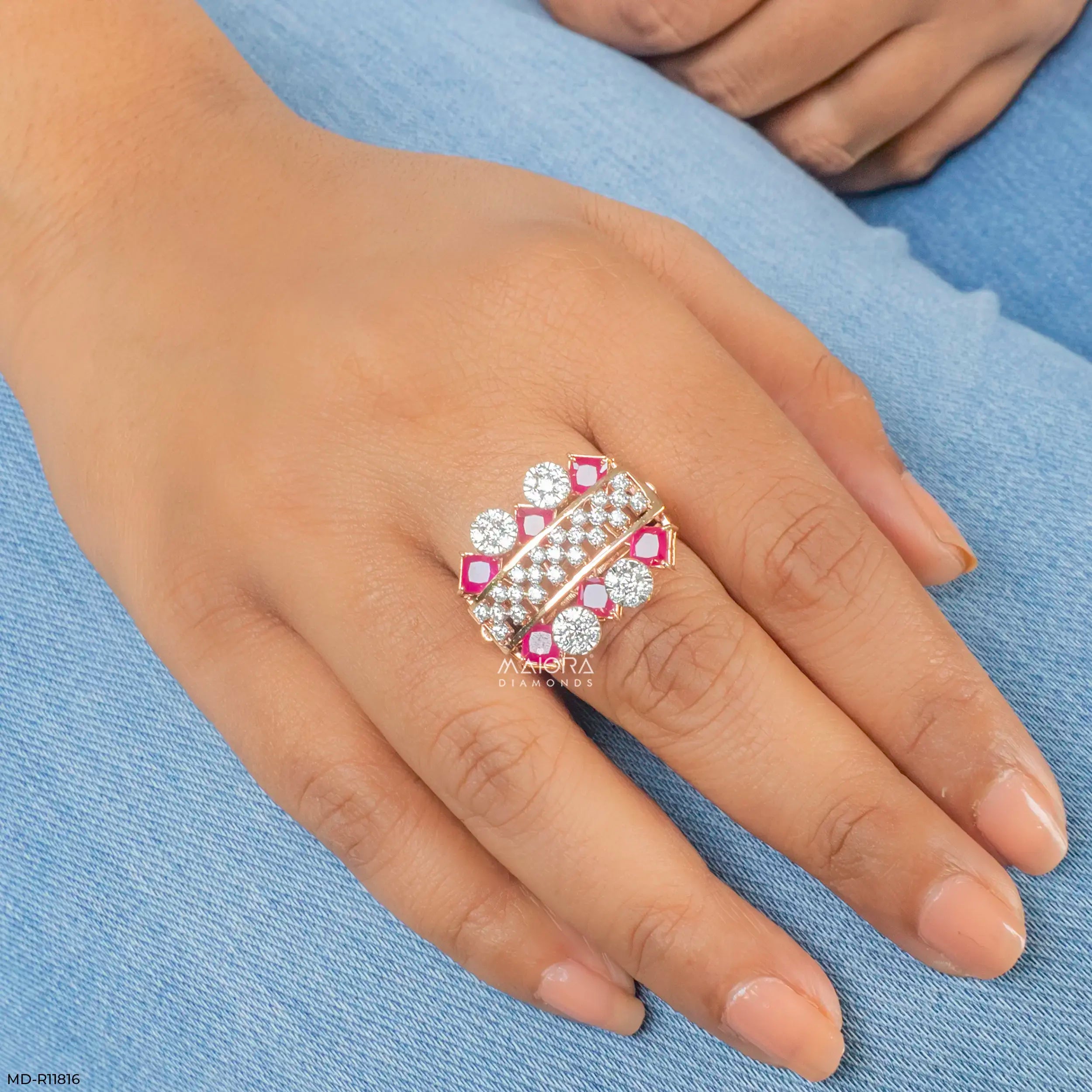 Parallel Ruby Row Diamond Cocktail Ring 9K Yellow Gold