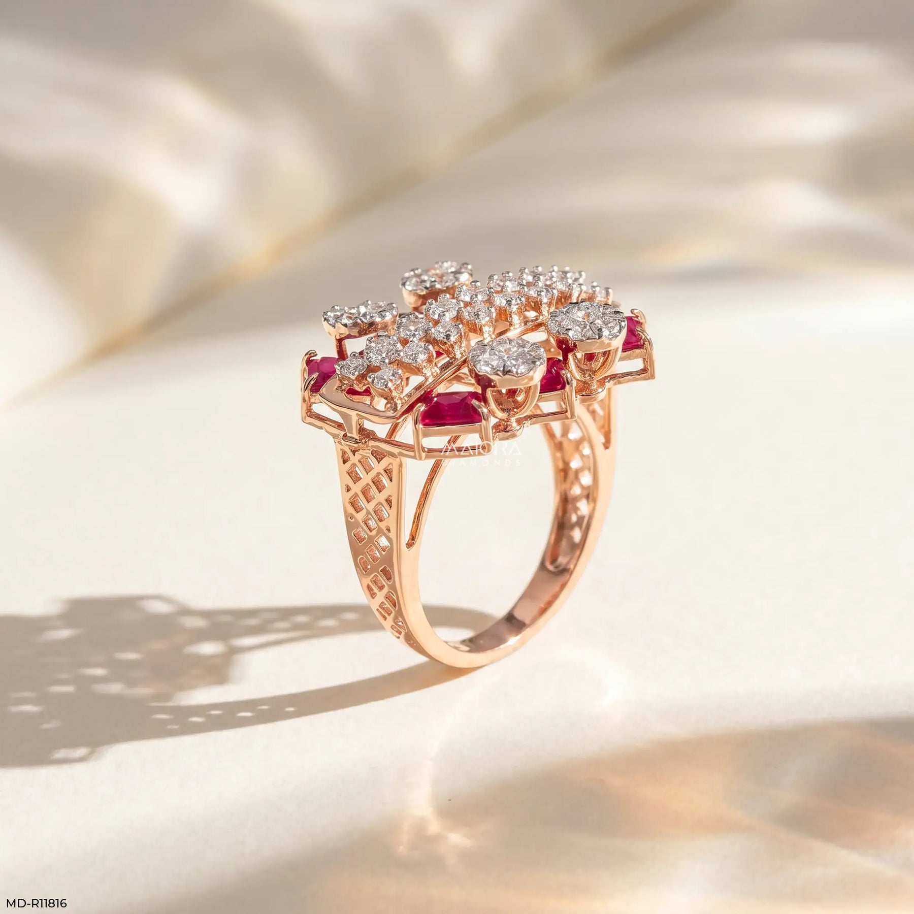 Parallel Ruby Row Diamond Cocktail Ring 9K Yellow Gold
