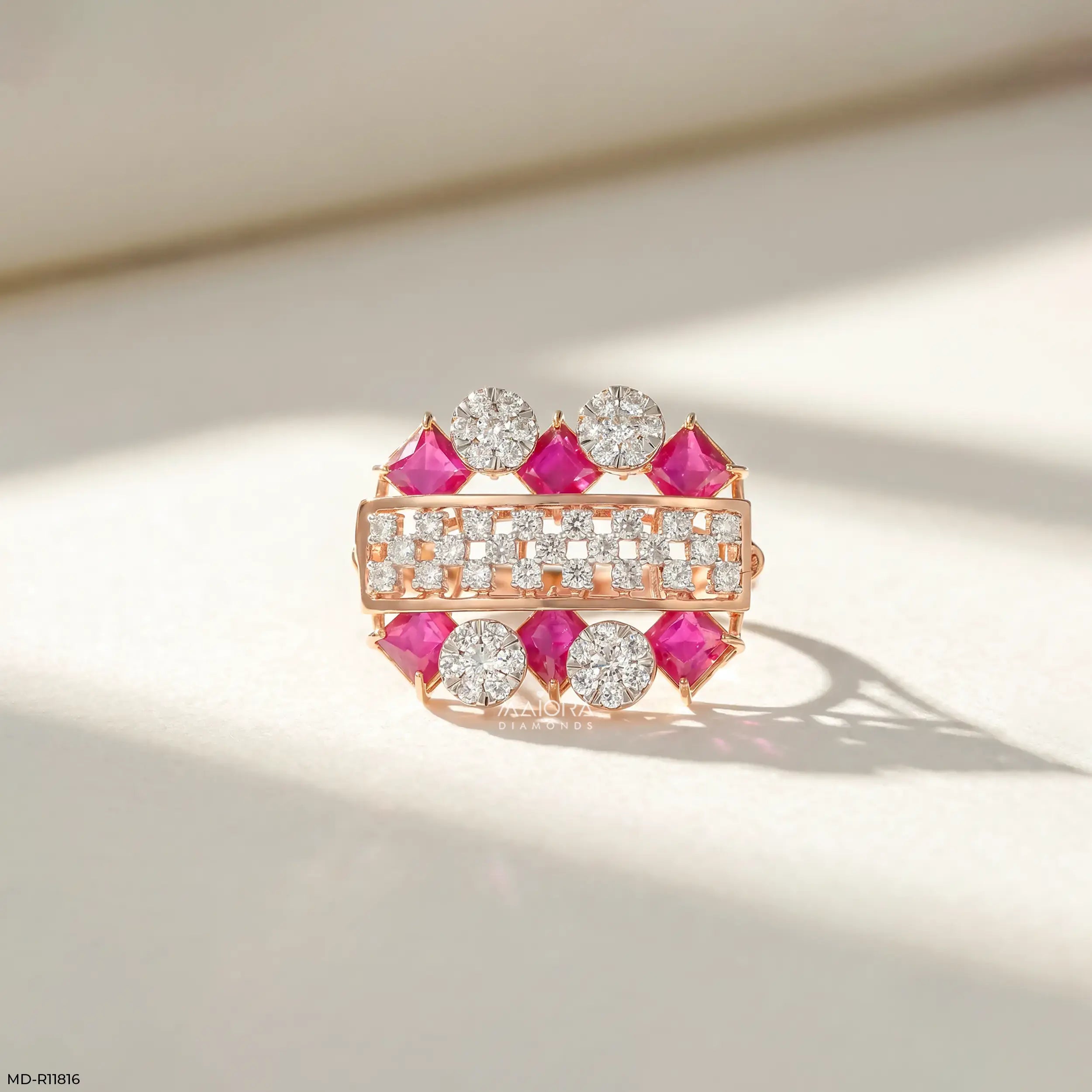 Parallel Ruby Row Diamond Cocktail Ring 18K White Gold