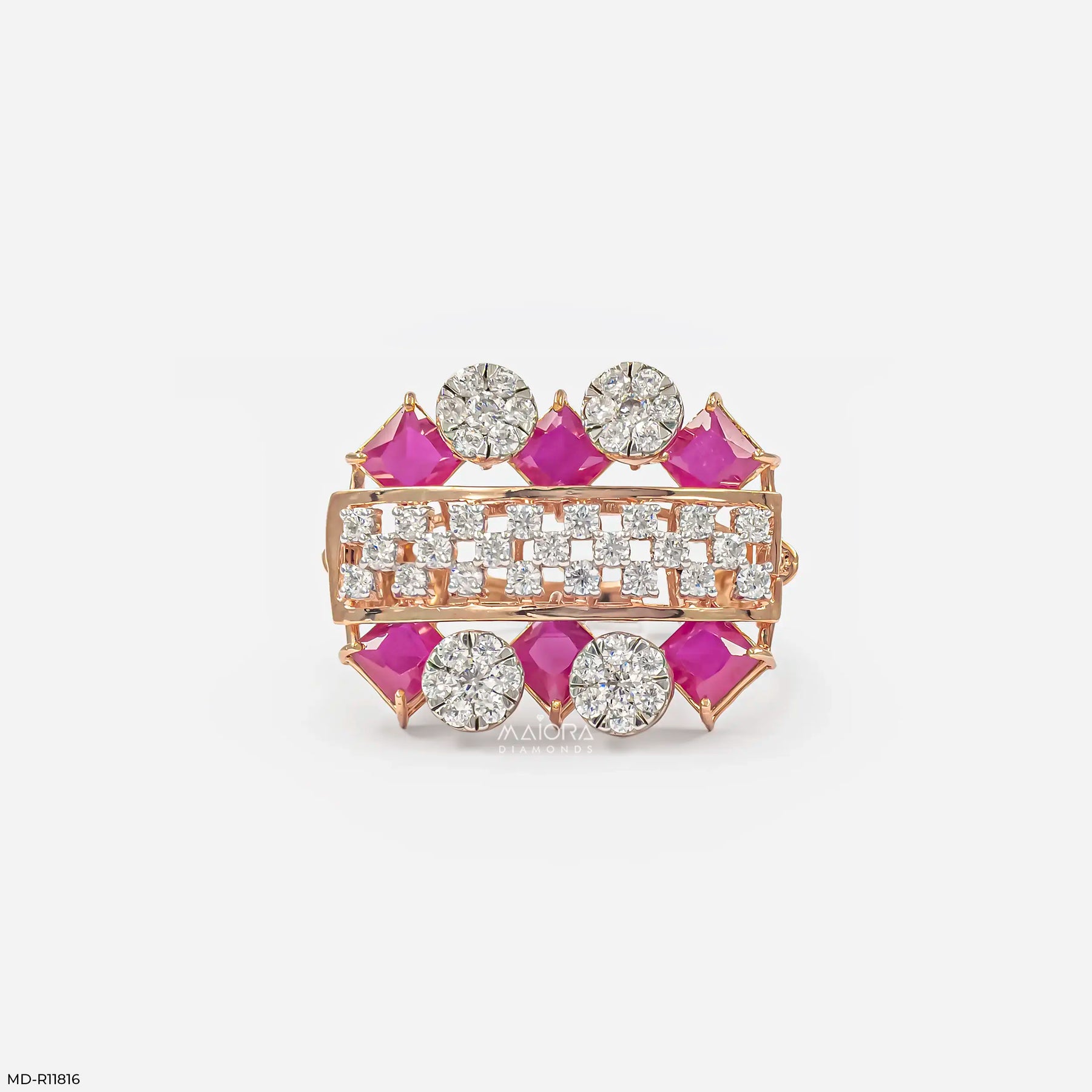 Parallel Ruby Row Diamond Cocktail Ring 9K Yellow Gold