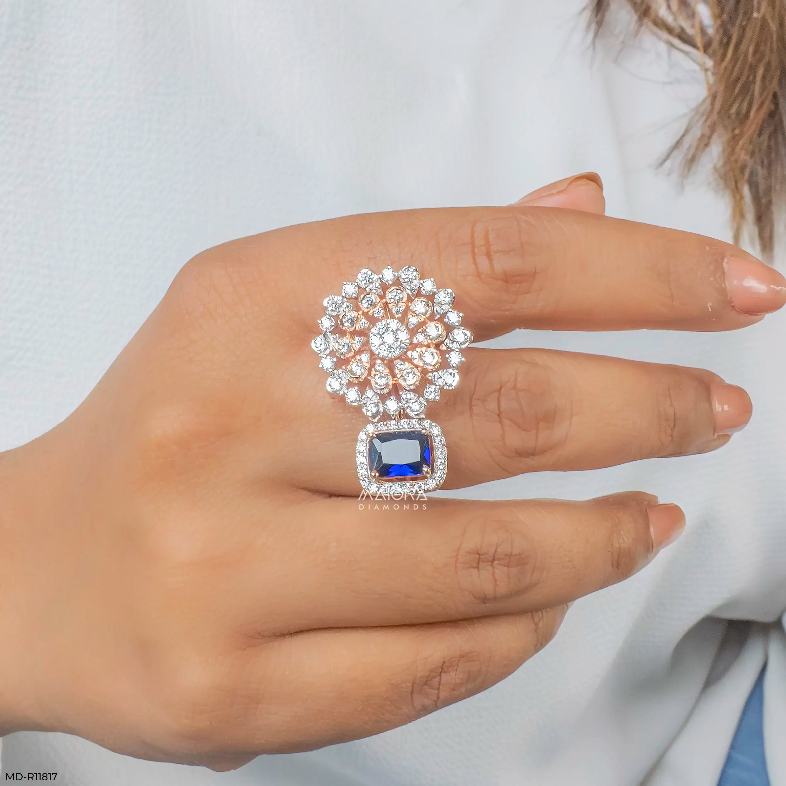 Floral Blue Sapphire Halo Diamond Cocktail Ring 9K Yellow Gold