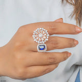 Floral Blue Sapphire Halo Diamond Cocktail Ring 9K Yellow Gold