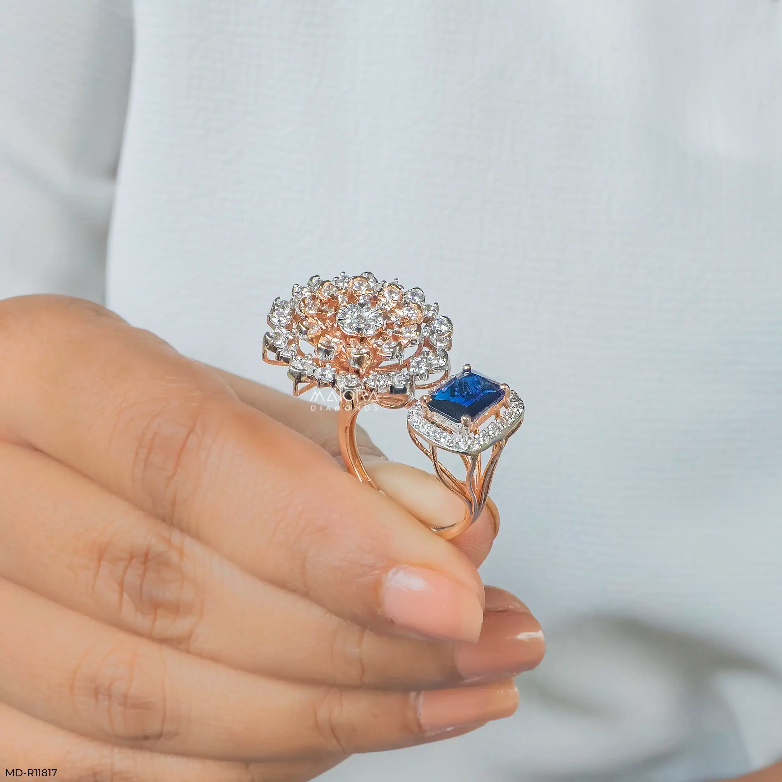 Floral Blue Sapphire Halo Diamond Cocktail Ring 18K White Gold