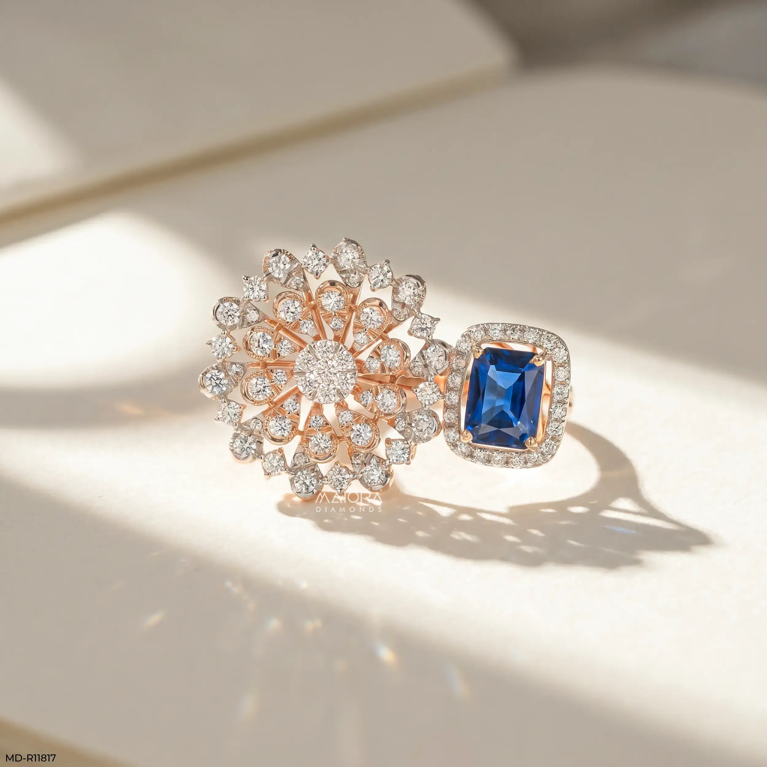 Floral Blue Sapphire Halo Diamond Cocktail Ring 18K White Gold