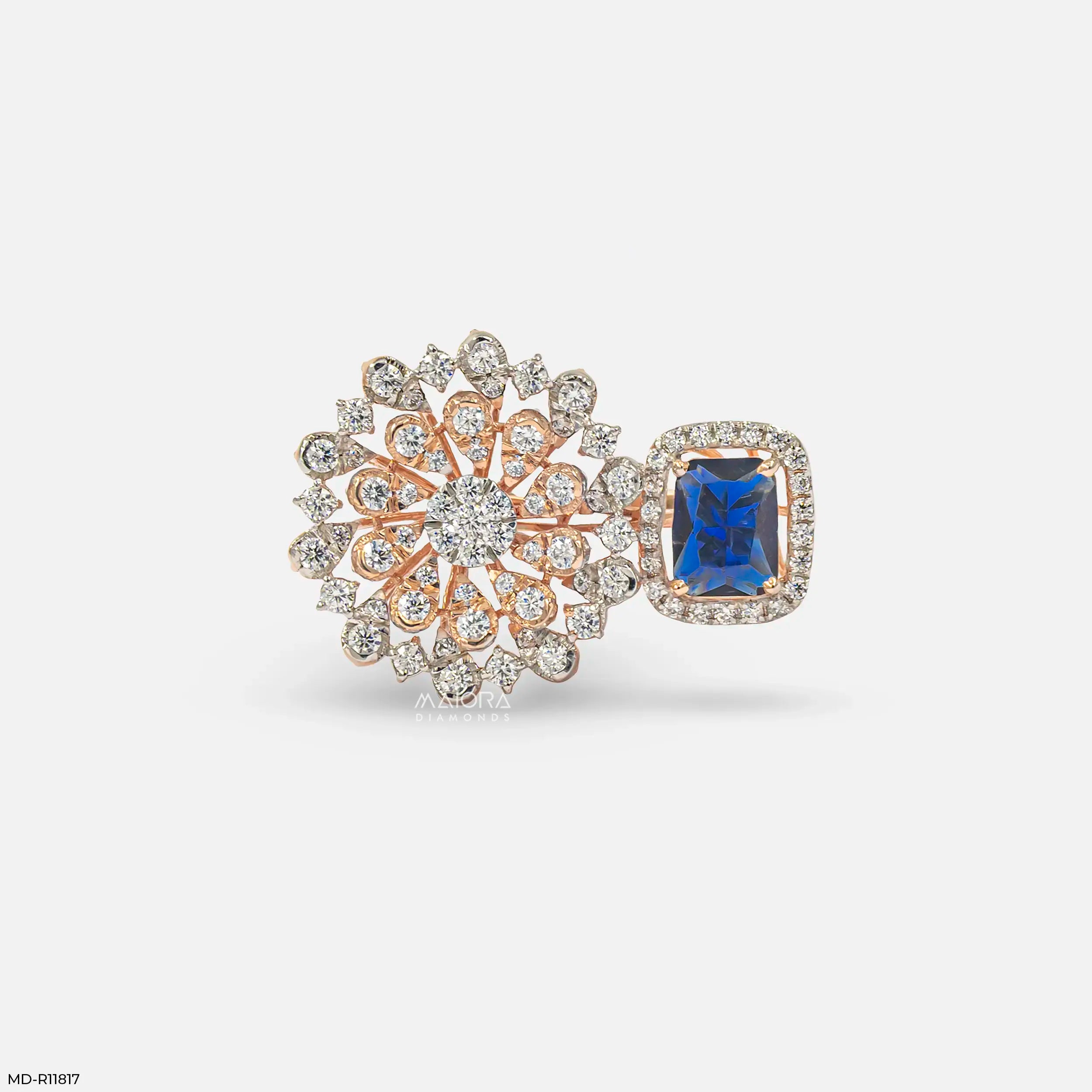 Floral Blue Sapphire Halo Diamond Cocktail Ring