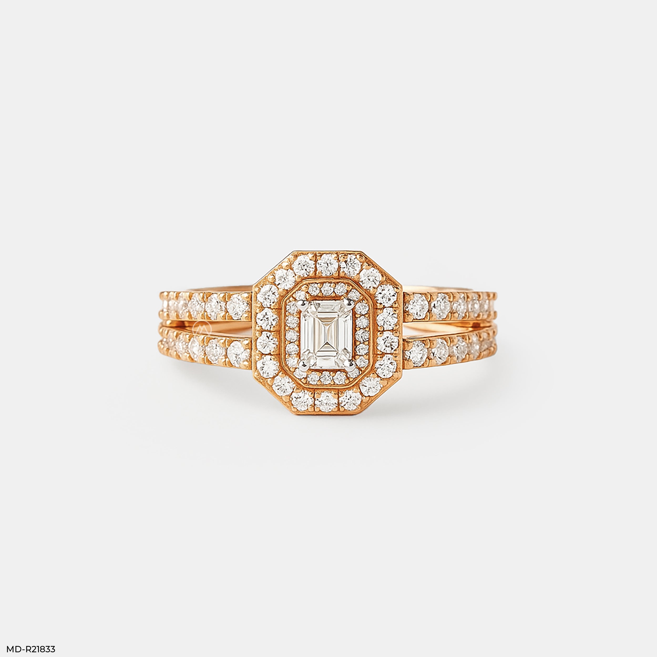 Emerald Cut Diamond Double Halo Ring 14K Rose Gold