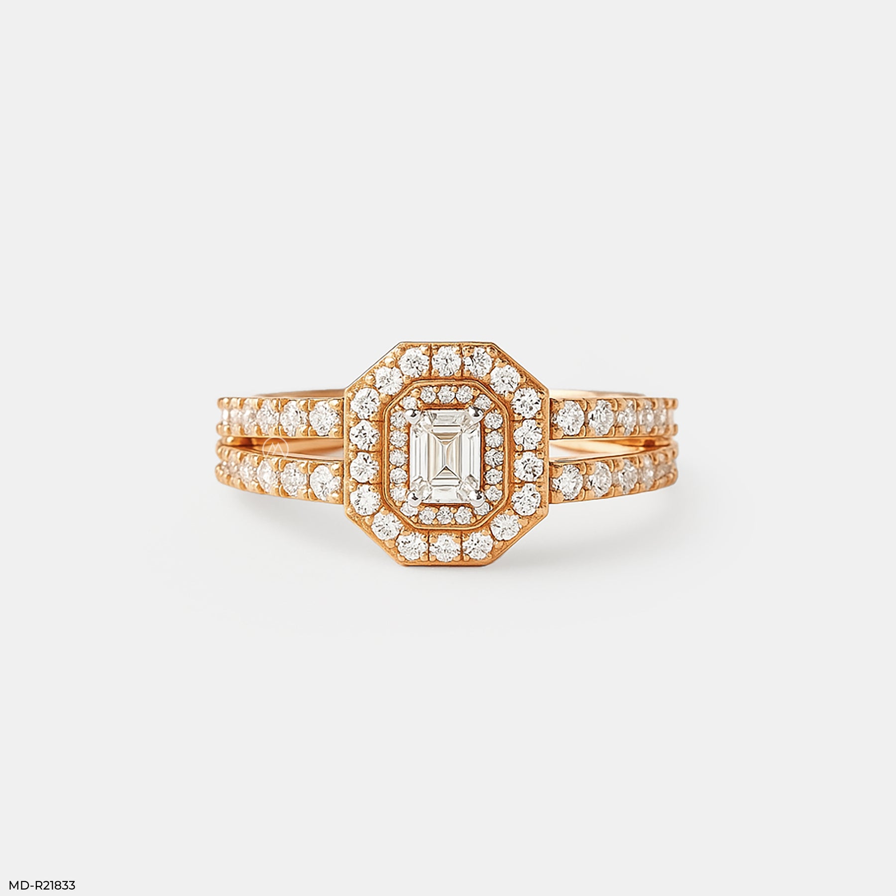 Emerald Cut Diamond Double Halo Ring 14K Yellow Gold