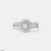 Emerald Cut Diamond Double Halo Ring 9K White Gold