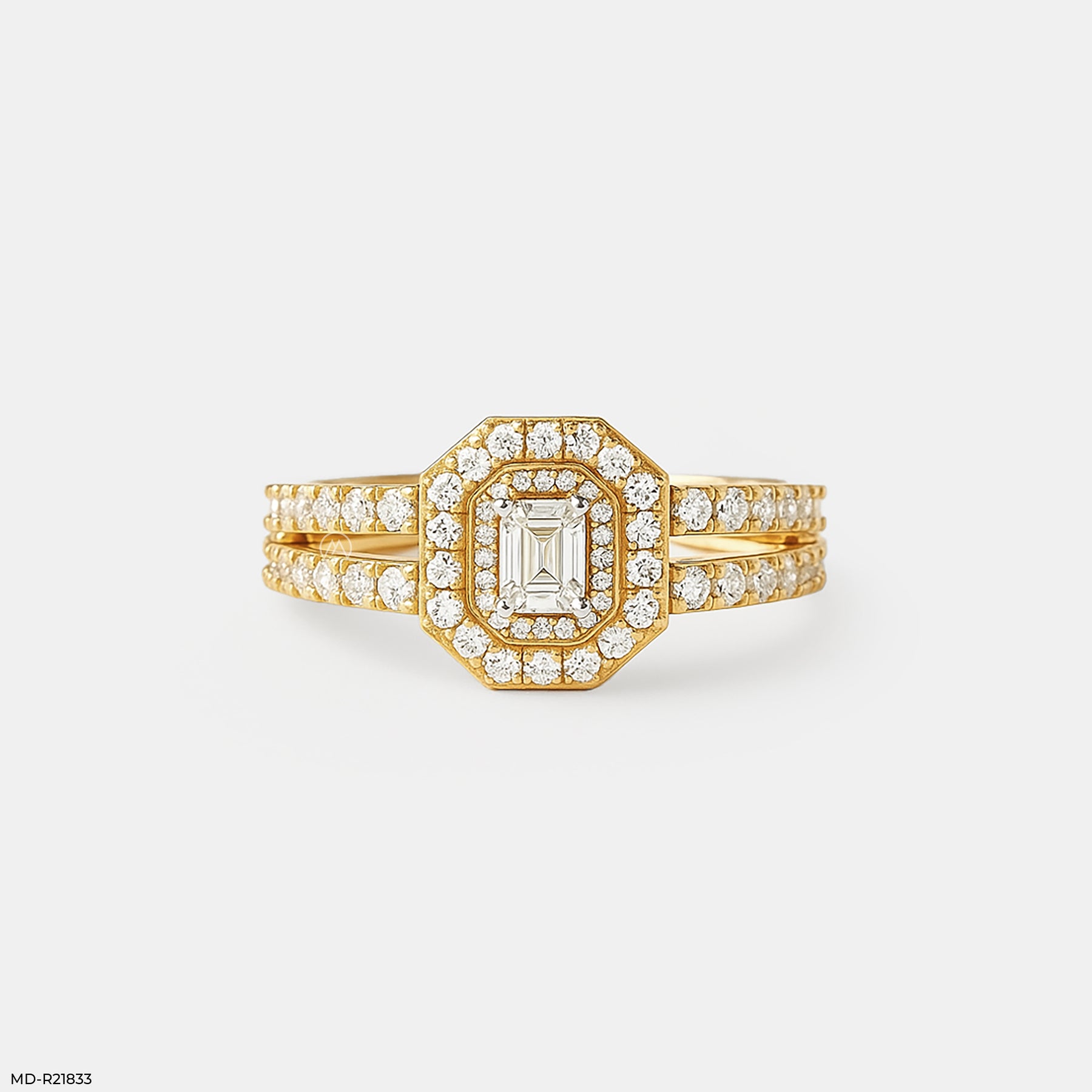 Emerald Cut Diamond Double Halo Ring 14K Yellow Gold