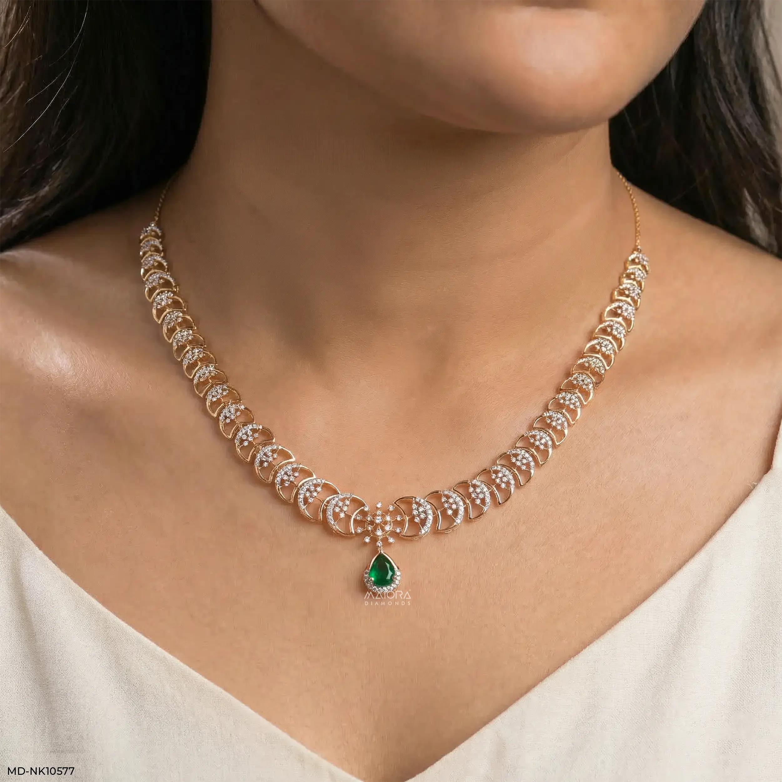 Royal Emerald Crescent Diamond Necklace 9K Yellow Gold