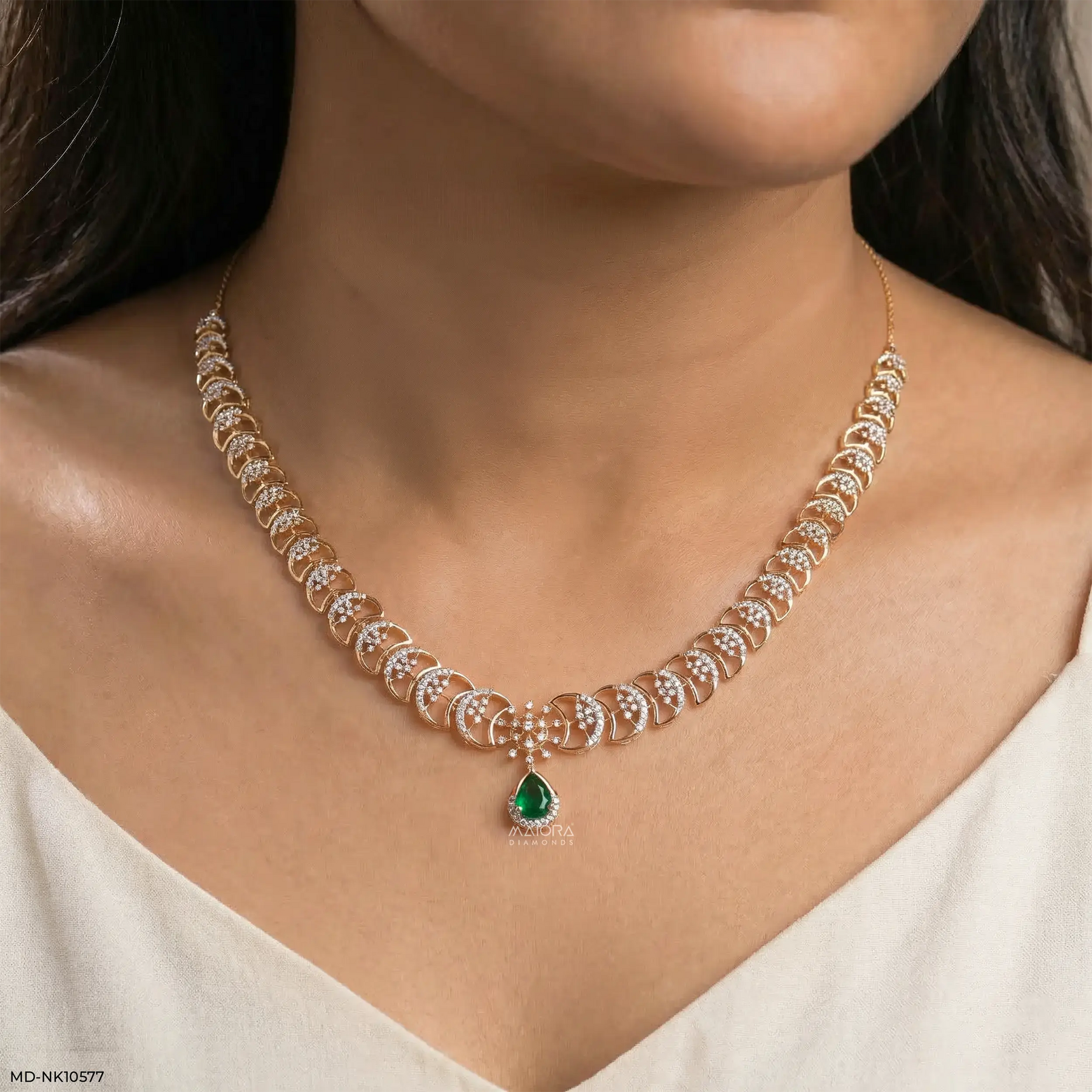 Royal Emerald Crescent Diamond Necklace 9K White Gold