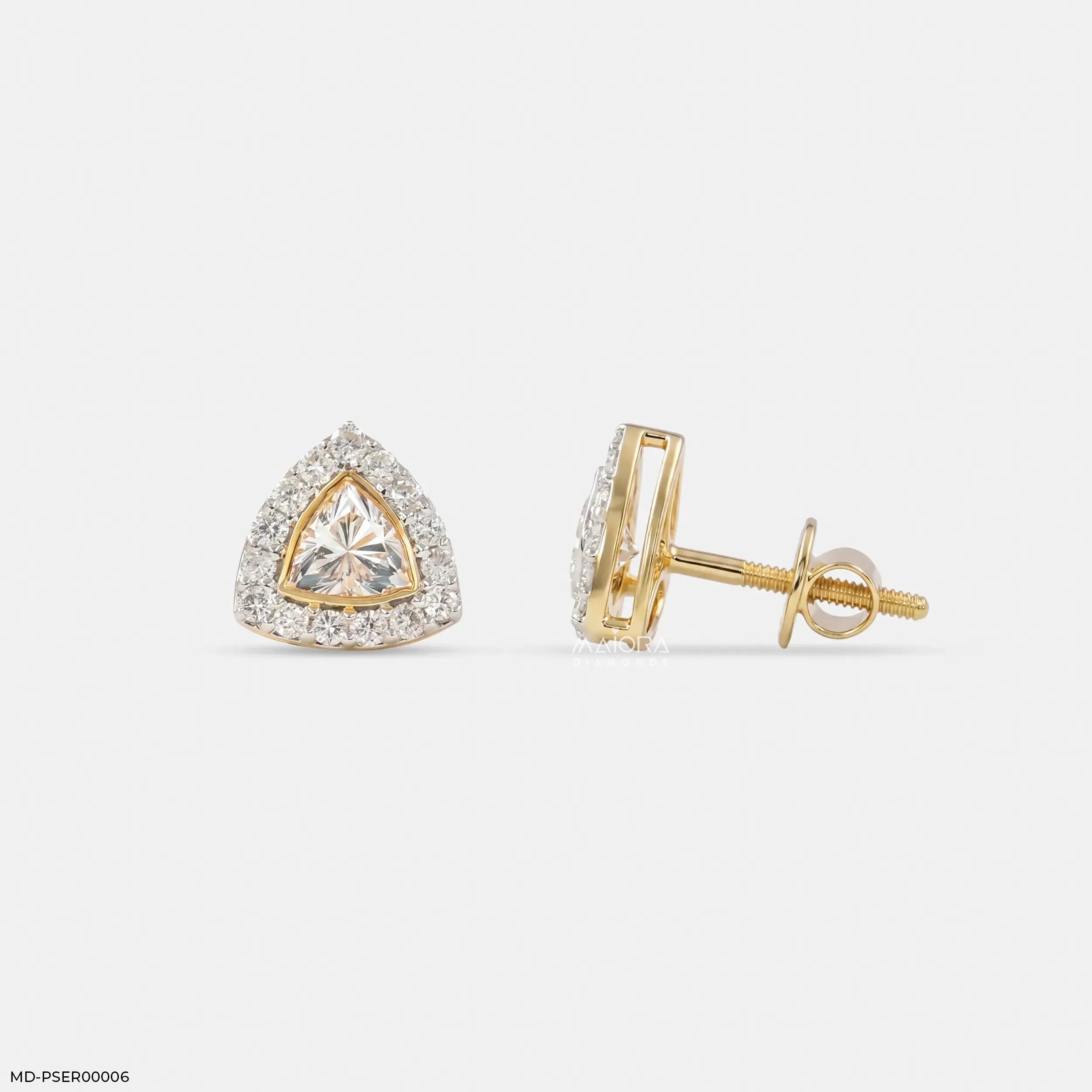 0.80 Carat Spark Trigon Solitaire Lab Diamond Studs 14K Yellow Gold