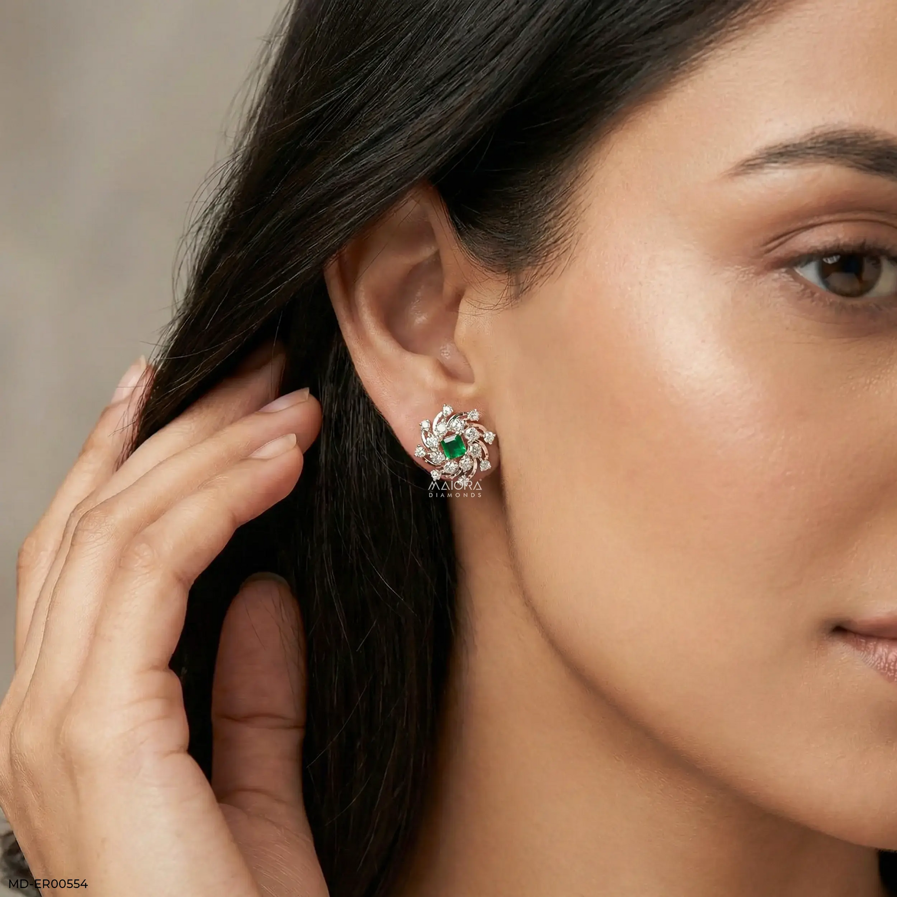 Spiral Arc Emerald Diamond Earrings  9K Yellow Gold