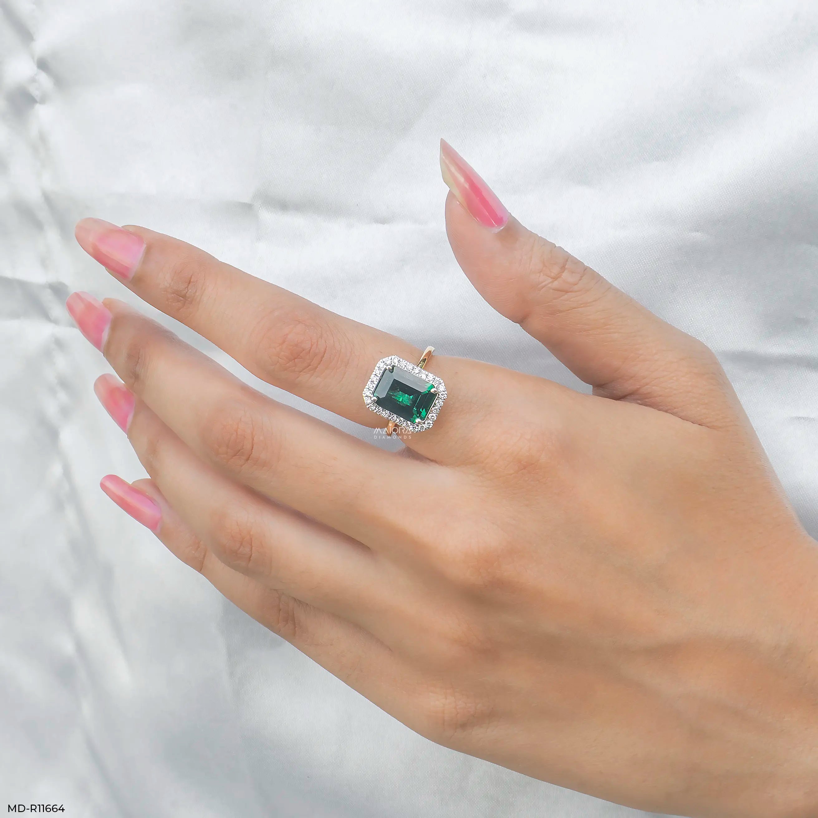 Swiss Emerald Halo Diamond Ring 9K Yellow Gold
