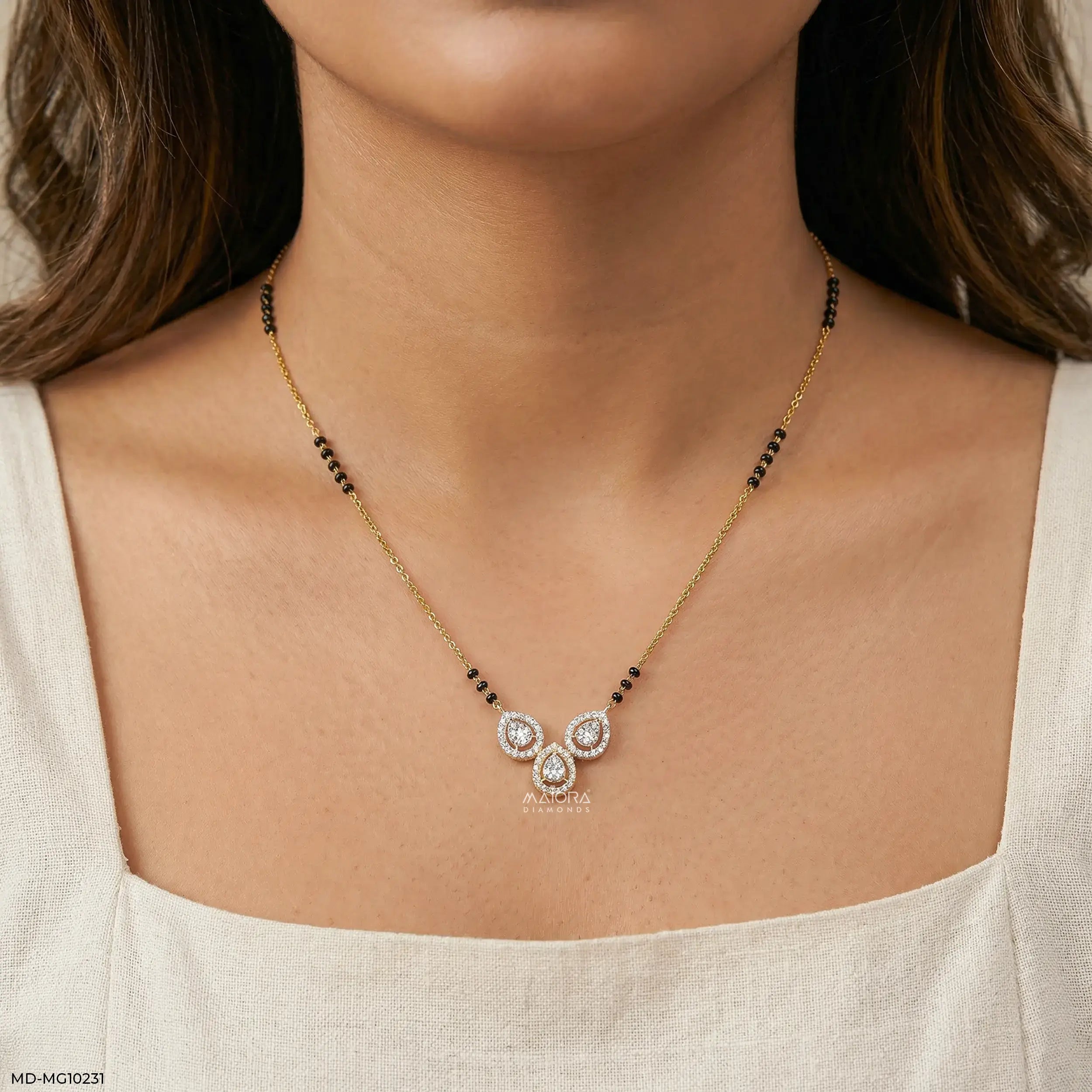 Trio Halo Leaf Diamond Mangalsutra 9K Yellow Gold