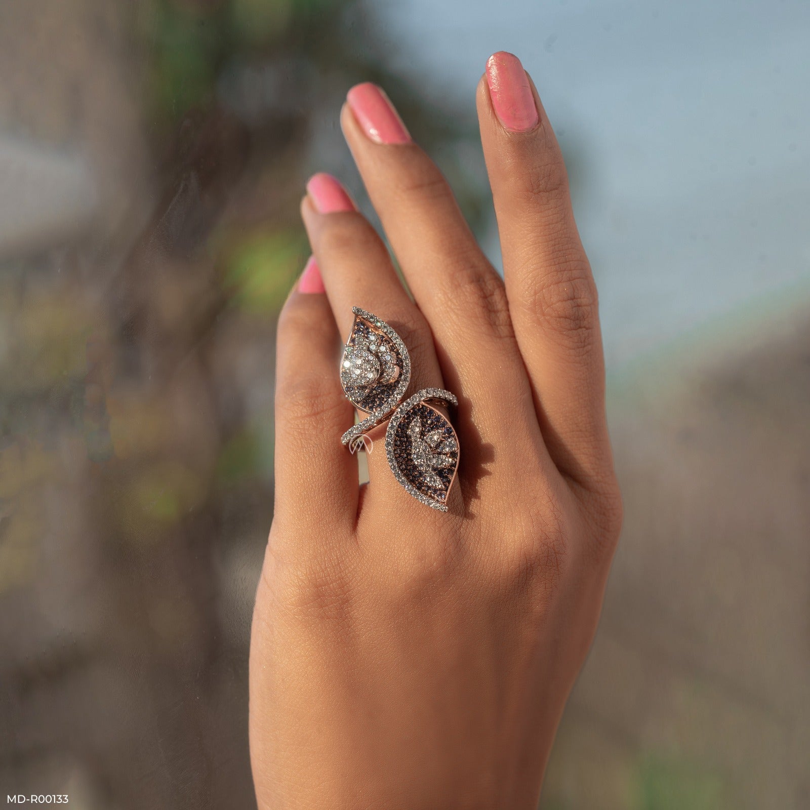 Frozen Leaf Duet Ring 14K White Gold