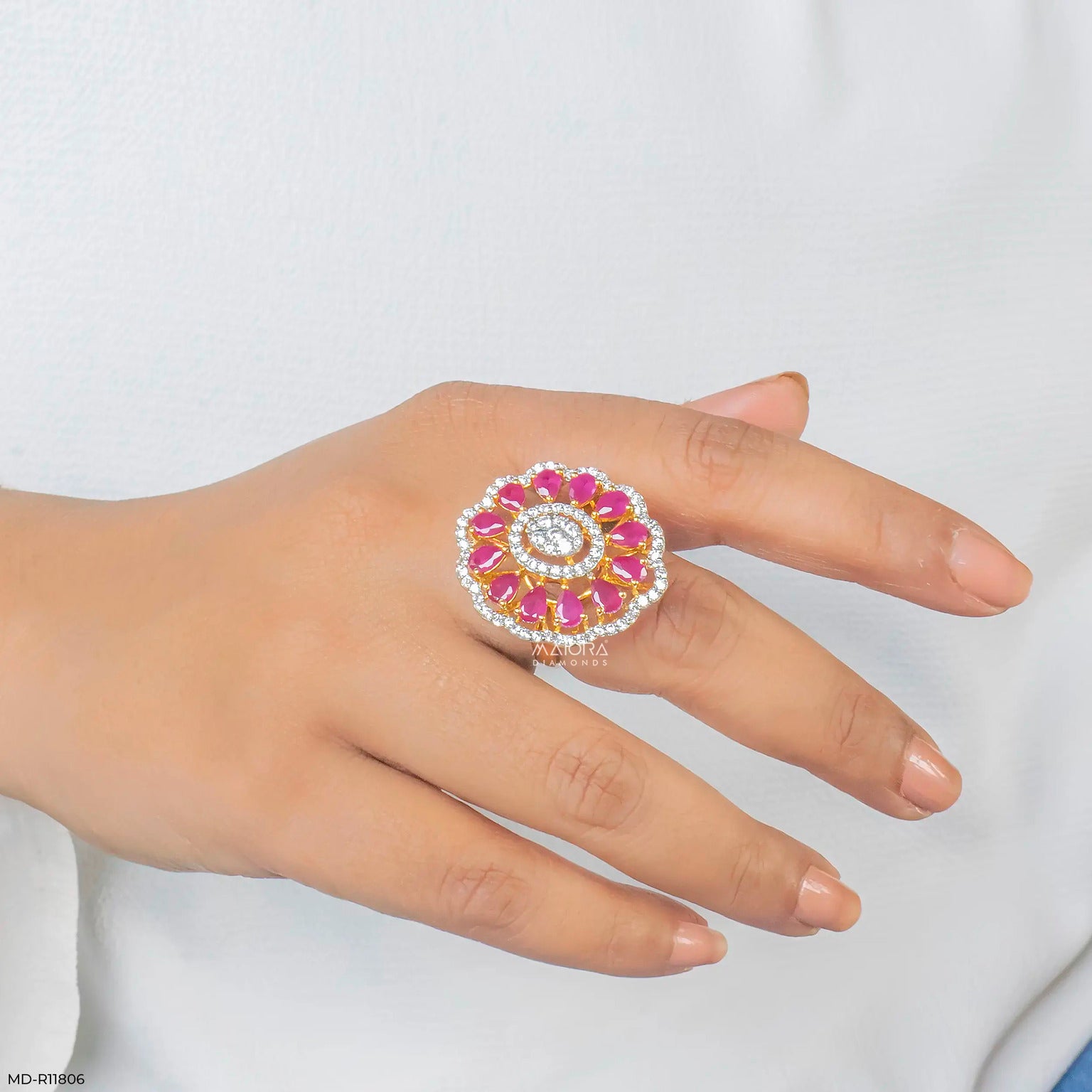 Openwork Pear Ruby Floral Diamond Cocktail Ring