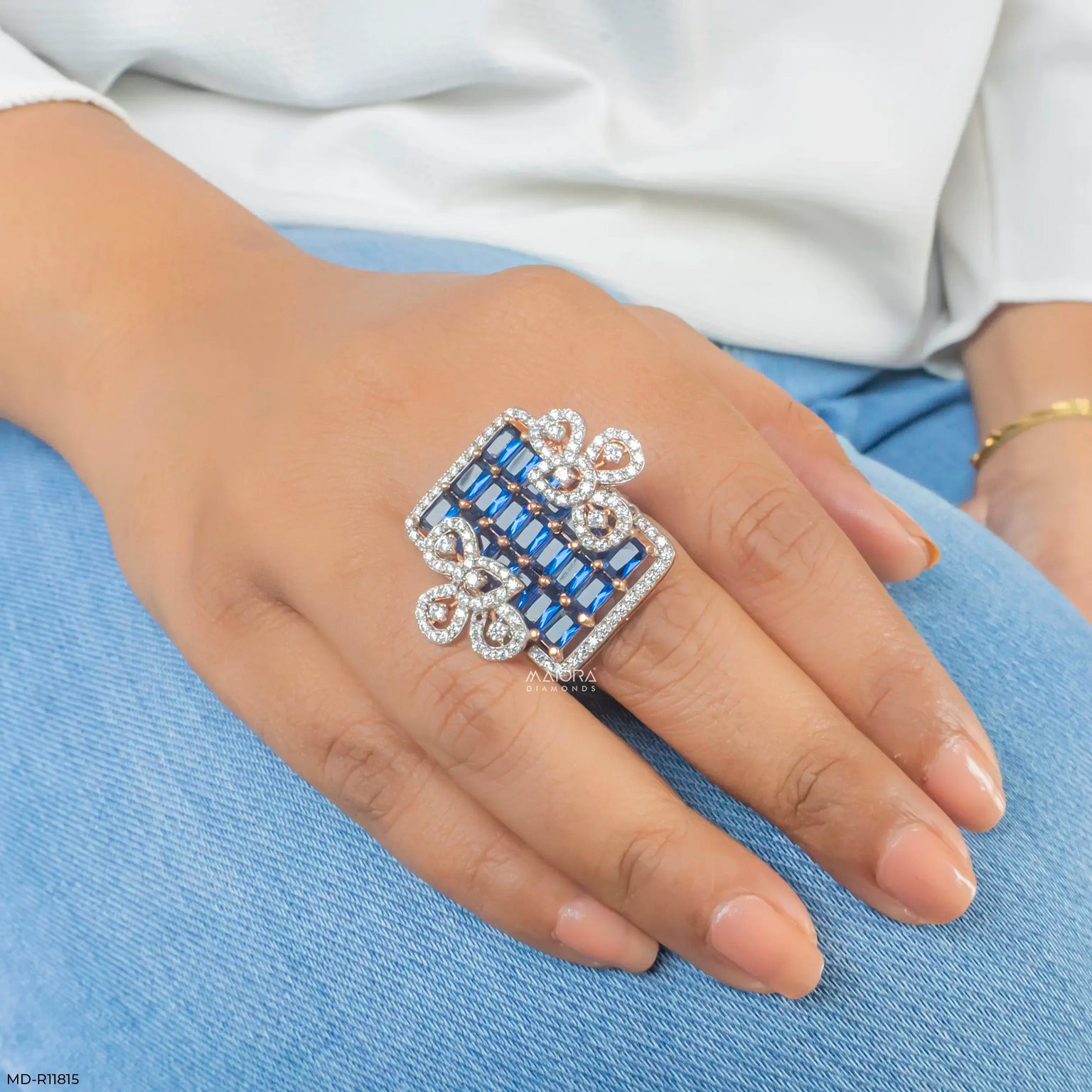 Blue Sapphire Grid Petal Diamond Cocktail Ring